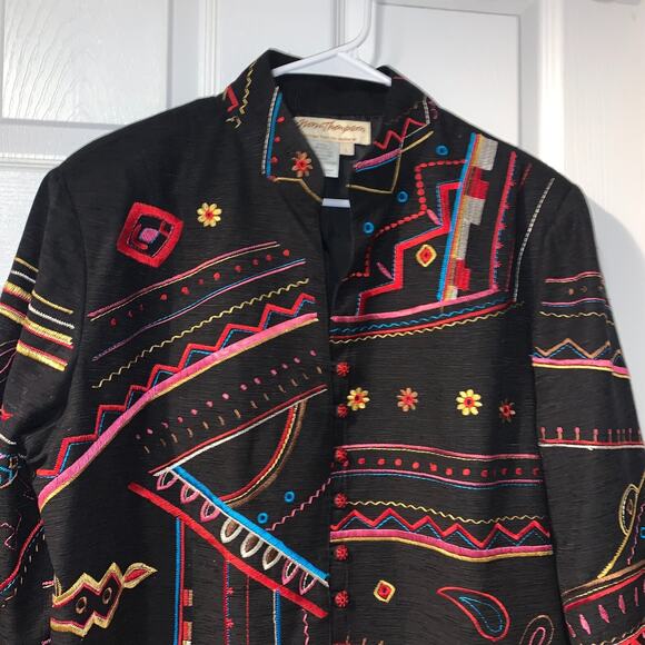 Norm Thompson Women's Embroidered Silk Jacket Sz L Colorful Art to Wear Boho - Picture 3 of 7